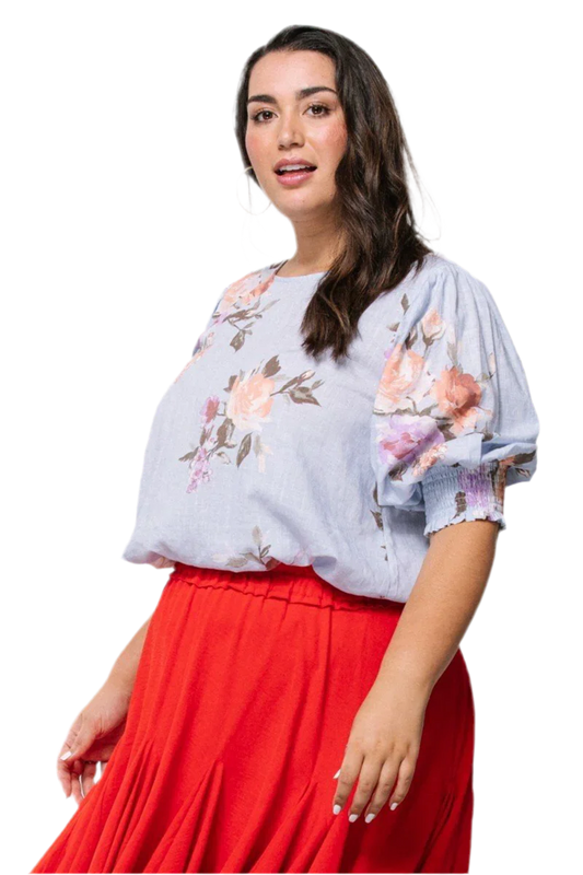 Floral Printed Woven Blouse - Spring Blue - minbolu -