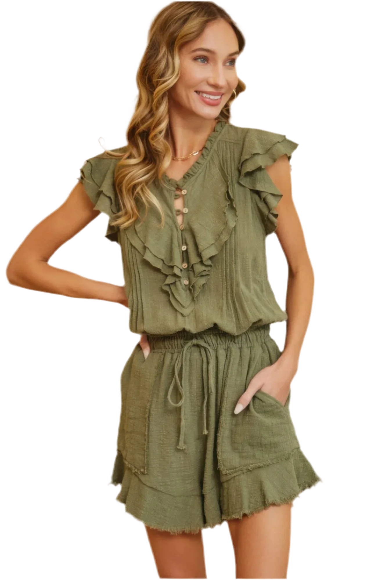 Ruffle Romper in Olive | 100% Cotton Romper - minbolu -