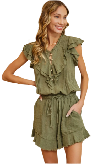 Ruffle Romper in Olive | 100% Cotton Romper - minbolu -