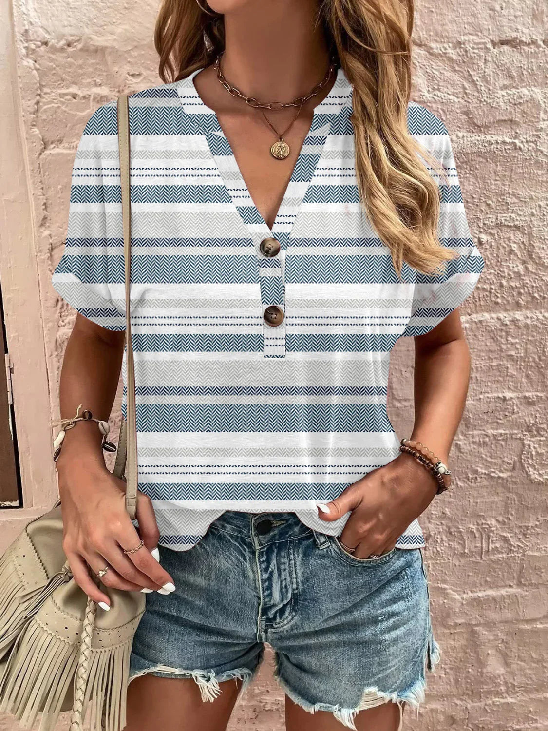 Printed Notched Short Sleeve Blouse - Stylish Design - minbolu -