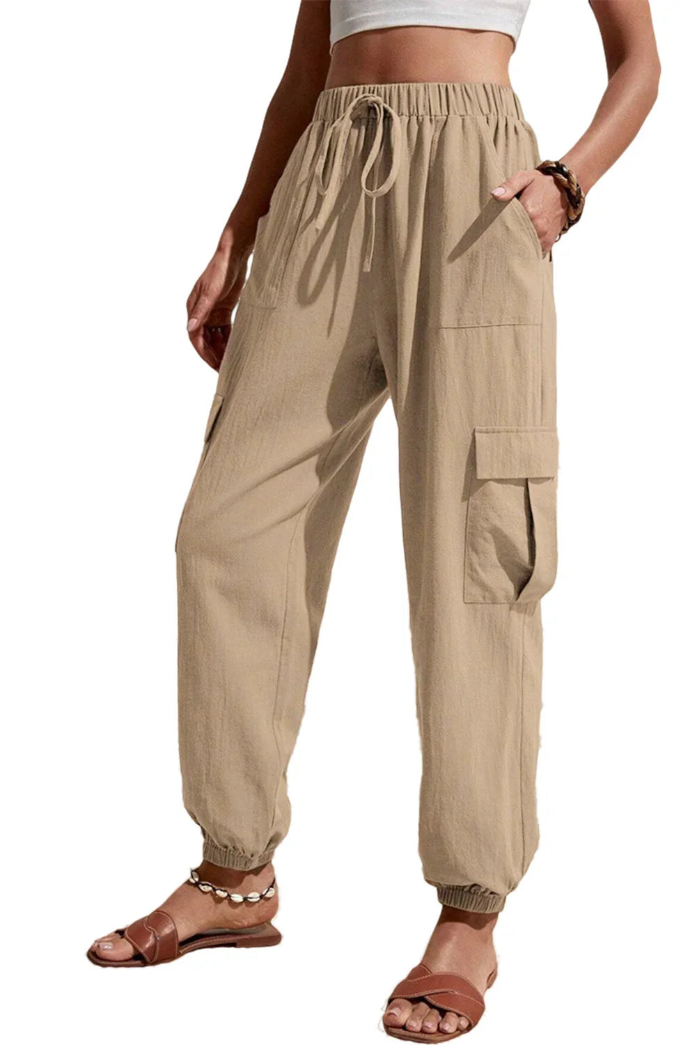 Pale Khaki Solid Color Pocket Cargo Pants - minbolu -