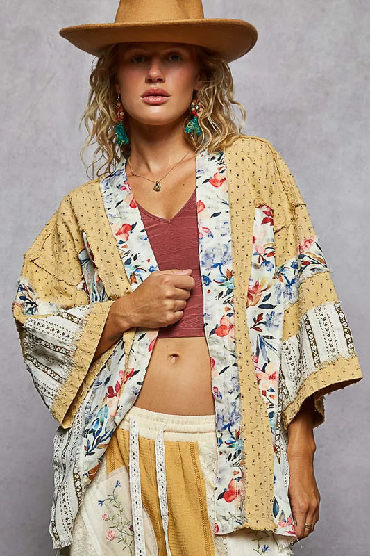 POL Raw Edge Open Front Patchwork Cardigan with Floral Trim - minbolu -