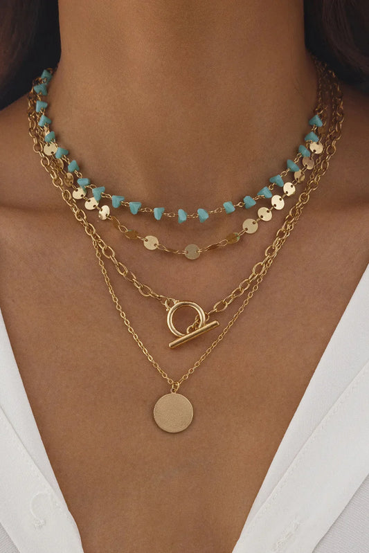 Gold Boho Circle Pendant Multi-Layered Necklace Set - minbolu -
