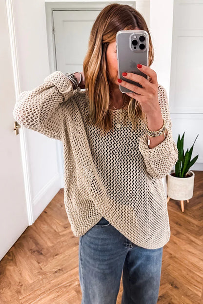 Smoke Gray Crochet Hollow-out Knit Sweater - minbolu -