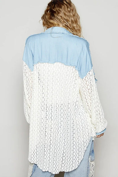POL High-Low Denim Patchwork Lace Shirt - minbolu -