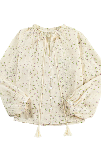 Frill Lace Detail Printed Long Sleeve Blouse - minbolu -