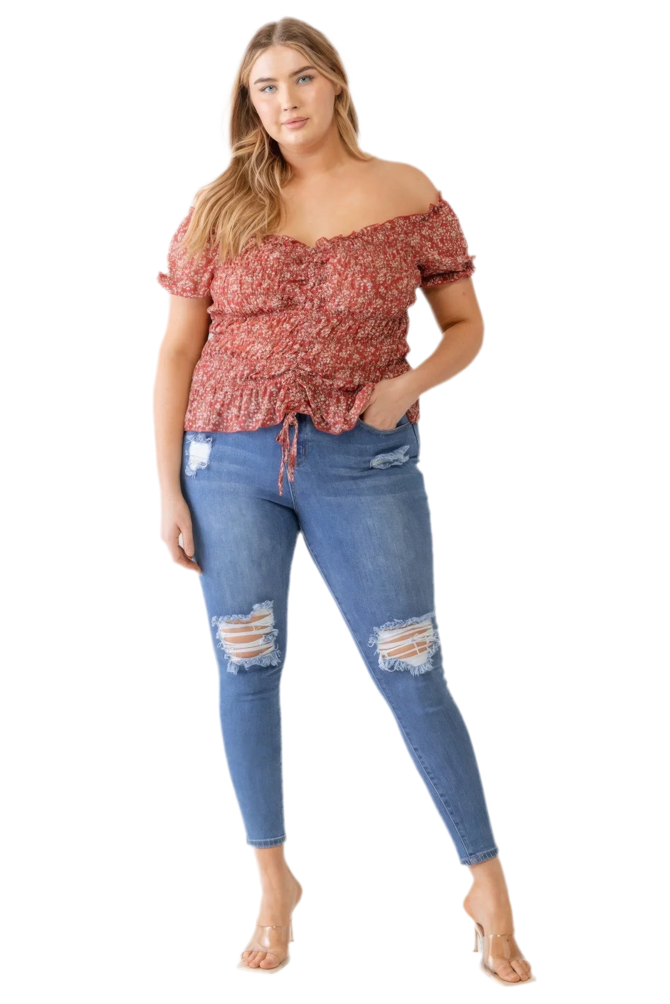 Plus Floral Chiffon Ruched Off-Shoulder Top - Red - minbolu -