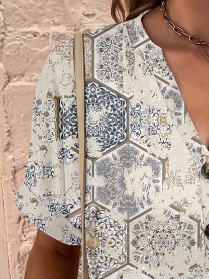 Printed Notched Short Sleeve Blouse - Stylish Design - minbolu -