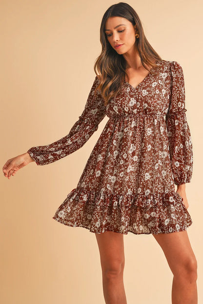 Brown Boho Floral Ruffle Puff Sleeve V Neck Mini Dress - minbolu -