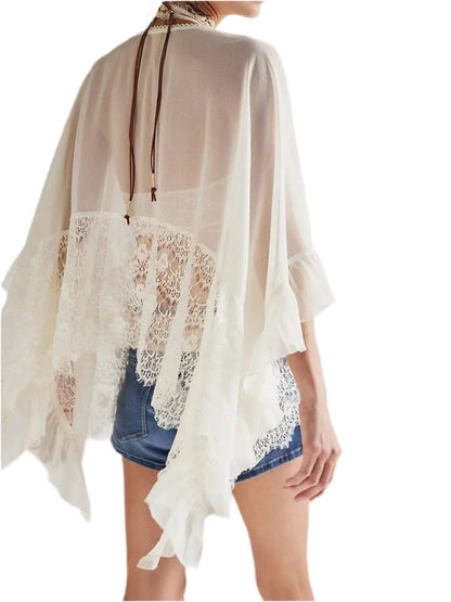 Lace V-Neck Ruffle Cover-Up - Beach Blouse - minbolu -