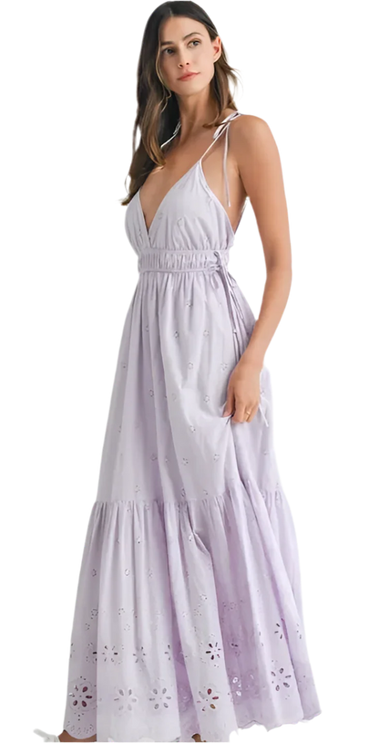 Elegant Eyelet Lace Maxi Dress with Side Strap Details - minbolu -