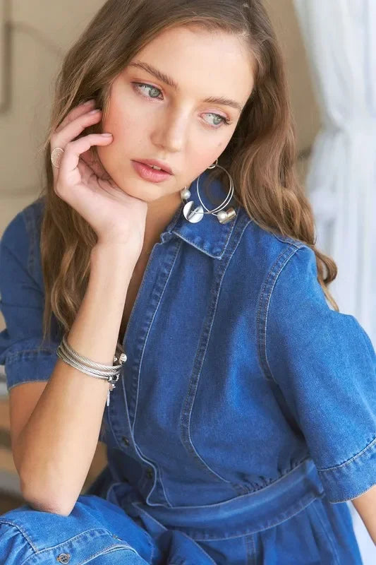 ADORA Tiered Button Down Denim Dress - minbolu -