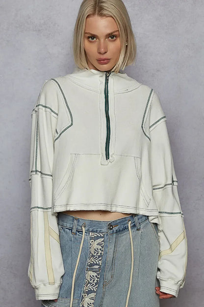 POL Contrast Stitching Zip Front Sweatshirt - minbolu -