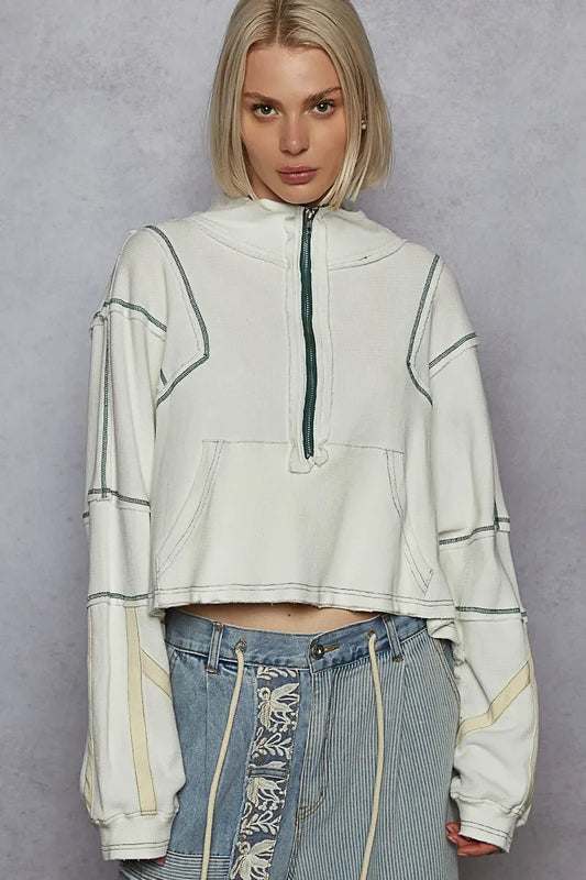 POL Contrast Stitching Zip Front Sweatshirt - minbolu -