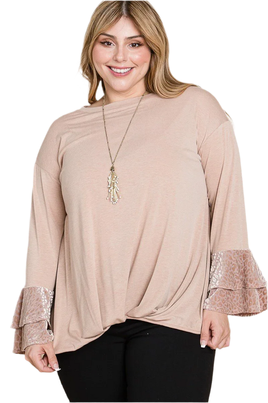 Plus Size Two Tier Velvet Animal Mesh Sleeves Top - minbolu -