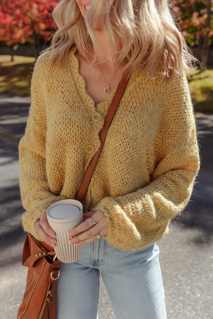 Light French Beige Lantern Sleeve Scallop V Neck Buttoned Front Cardigan - minbolu -