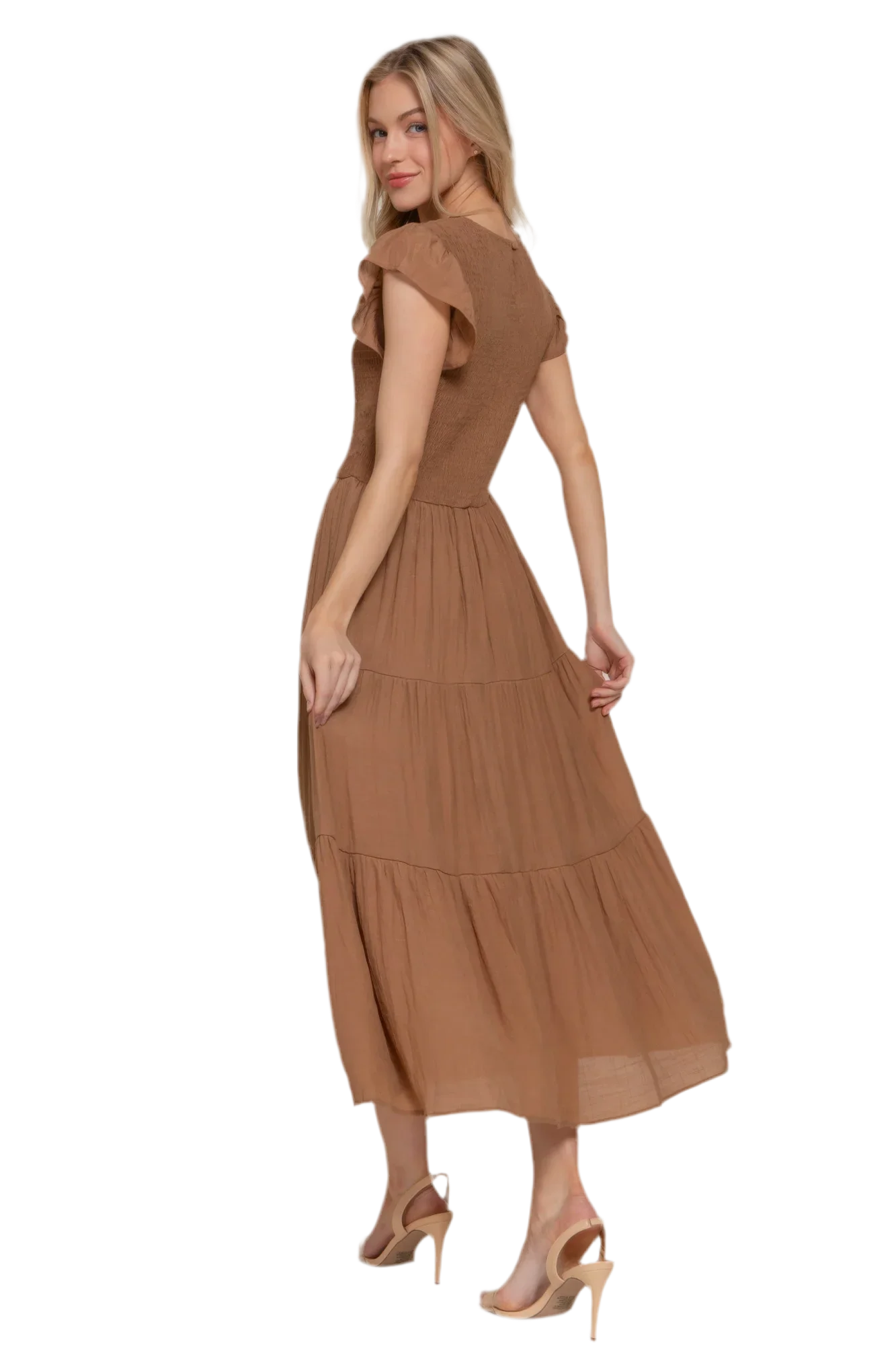 Ruffle Sleeve Smocked Tiered Dress - minbolu -