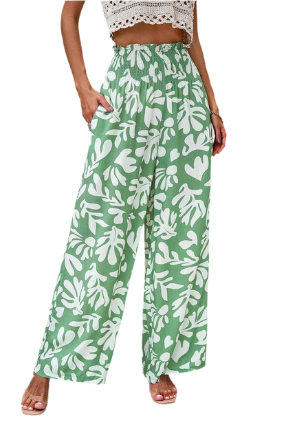 Printed Wide Leg Smocked Pants with Pockets - minbolu -