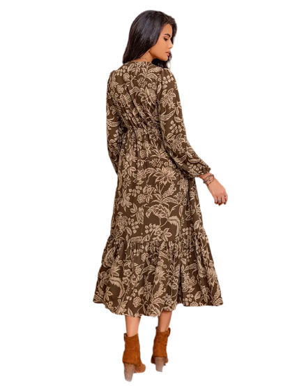Printed V-Neck Ruched Long Sleeve Midi Dress - minbolu -