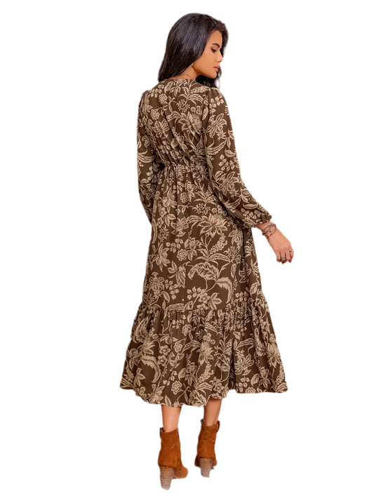 Printed V-Neck Ruched Long Sleeve Midi Dress - minbolu -