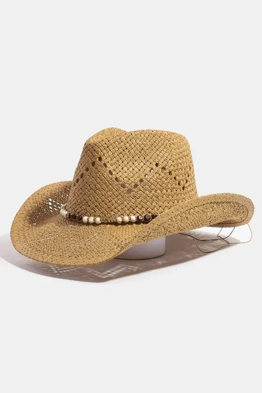 Fame Mixed Beaded Strap Western Fedora Straw Hat - minbolu -
