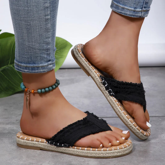 Raw Hem Toe Post Sandals - Summer Chic: Black - minbolu -