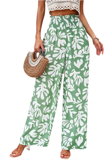 Printed Wide Leg Smocked Pants with Pockets - minbolu -
