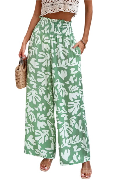 Printed Wide Leg Smocked Pants with Pockets - minbolu -