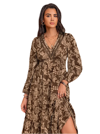 Printed V-Neck Ruched Long Sleeve Midi Dress - minbolu -