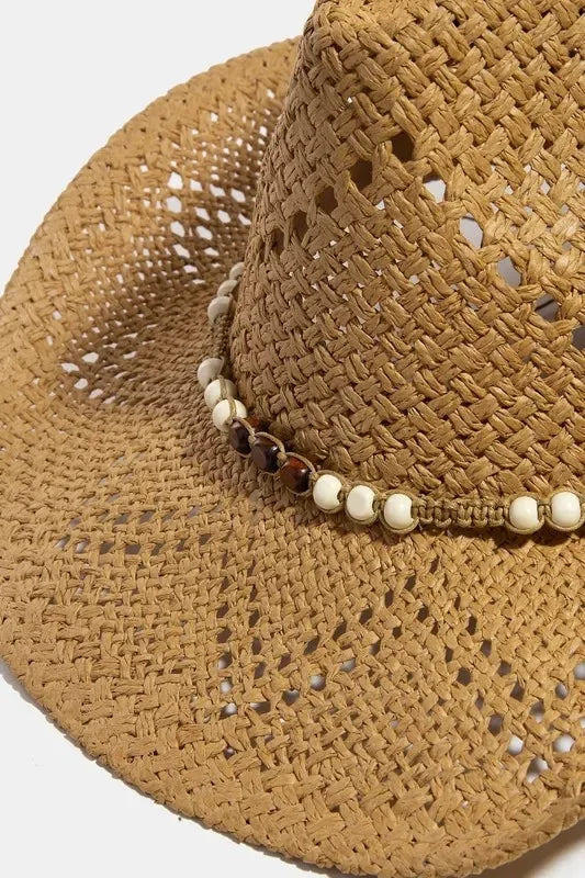 Fame Mixed Beaded Strap Western Fedora Straw Hat - minbolu -