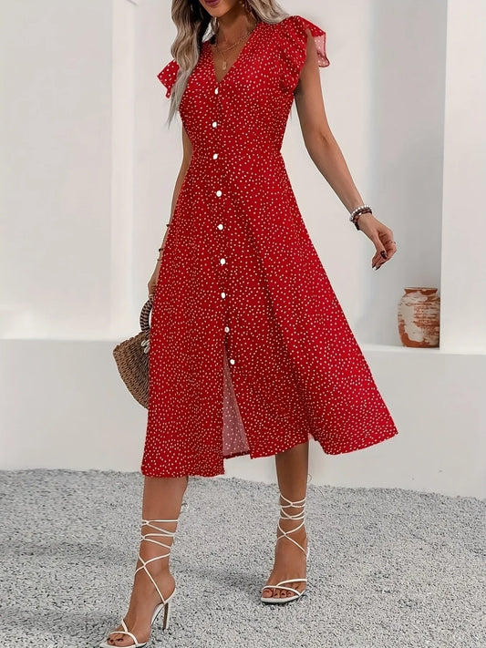 Button-Front Midi Dress with Ruffle Sleeves - minbolu -