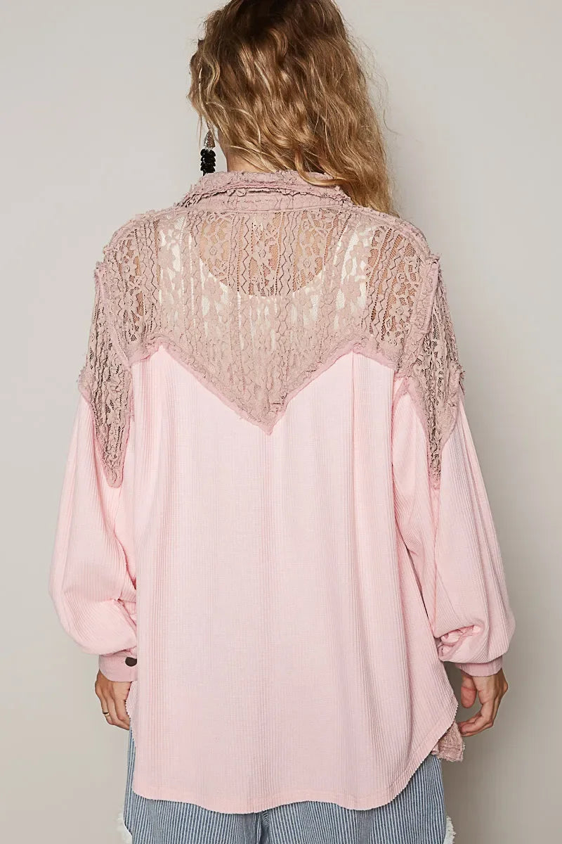POL Lace Patchwork Button Up Shacket - minbolu -