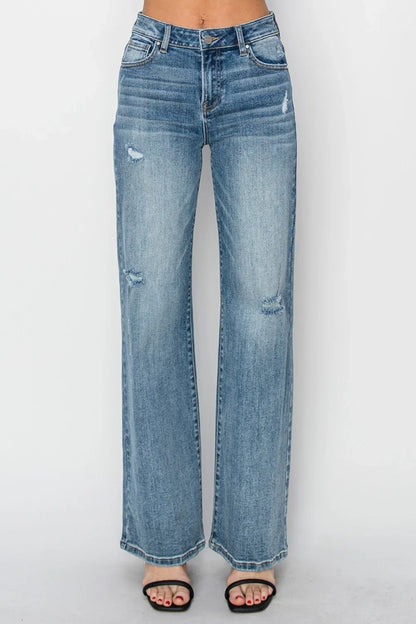 RISEN High Waist Distressed Wide Leg Jeans - minbolu -