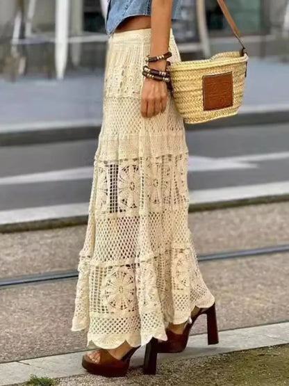 Openwork Crochet Maxi Skirt - minbolu -