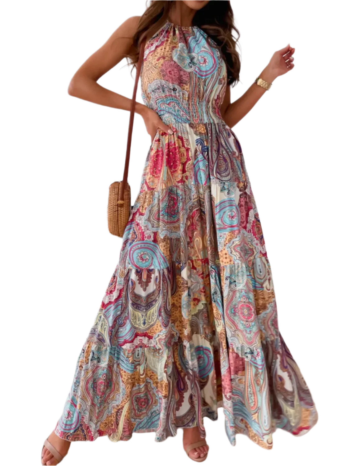 Flatter Me Boho Halter Neck Maxi Dress: Blue Flower - minbolu -