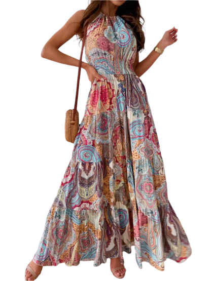 Flatter Me Boho Halter Neck Maxi Dress: Blue Flower - minbolu -