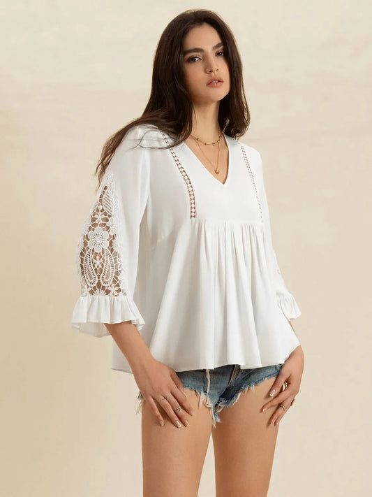 V-Neck Lace Flounce Sleeve Top - minbolu -