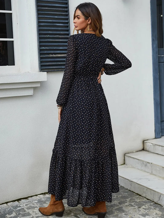 Embroidered V-Neck Long Sleeve Dress - minbolu -