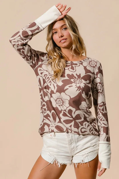 Women's Long Sleeve Top - BiBi Flower Printed Waffle Thumb Opening Boho Long Sleeve Top - minbolu -