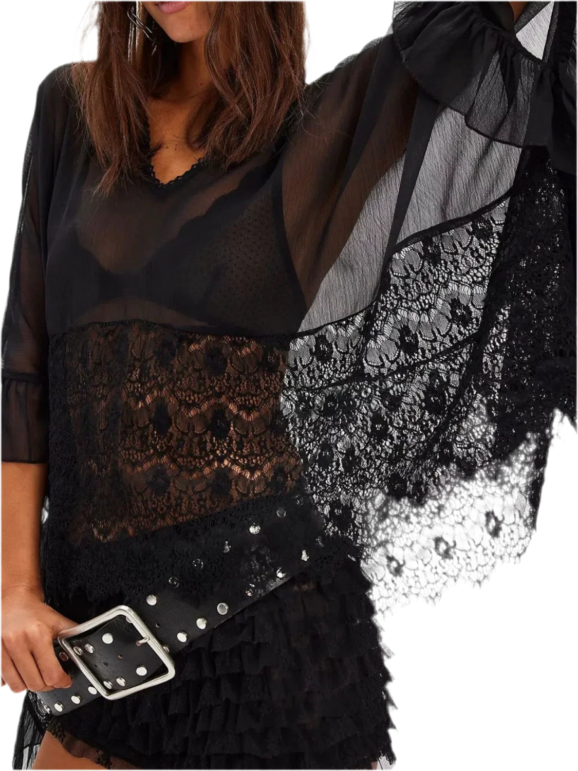 Lace V-Neck Ruffle Cover-Up - Beach Blouse - minbolu -