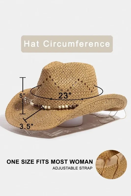 Fame Mixed Beaded Strap Western Fedora Straw Hat - minbolu -