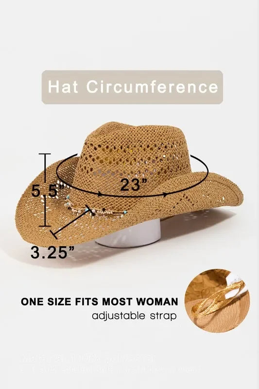 Fame Beaded Cowrie Shell Straw Weave Western Cowboy Hat - minbolu -