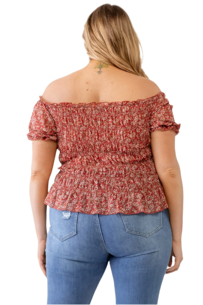 Plus Floral Chiffon Ruched Off-Shoulder Top - Red - minbolu -