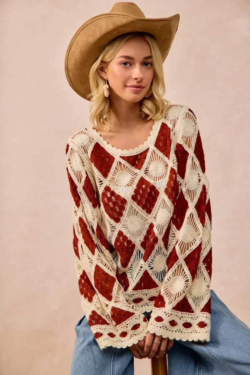 BiBi Diamond Crochet Knit Top - minbolu -