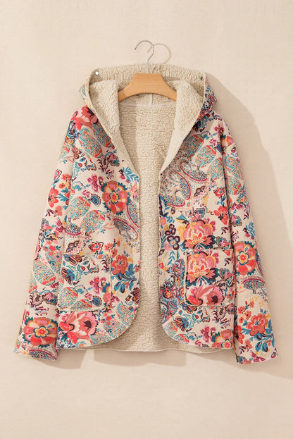 Beige Vintage Paisley Floral Printed Sherpa Lined Hooded Jacket - minbolu -