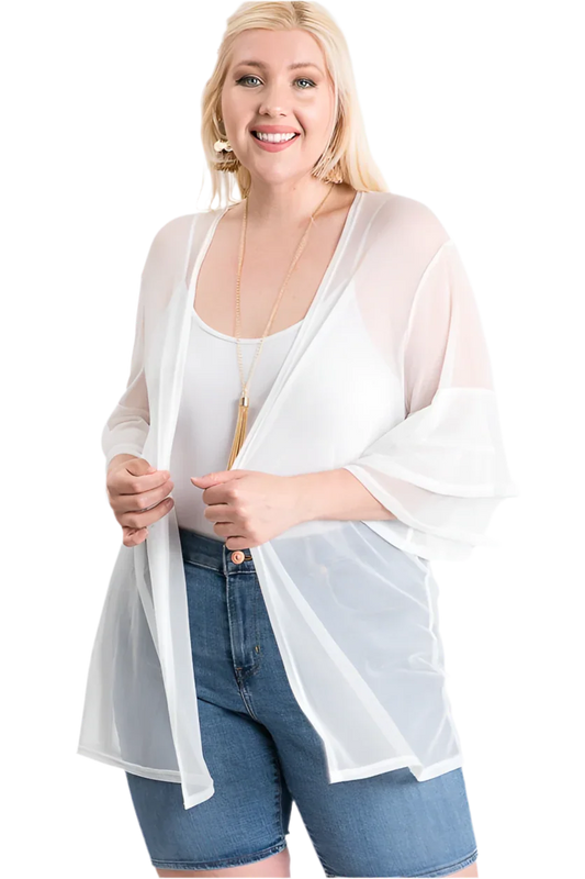 Ruffle Sleeve Open Cardigan Ivory 1XL 2XL 3XL - minbolu -