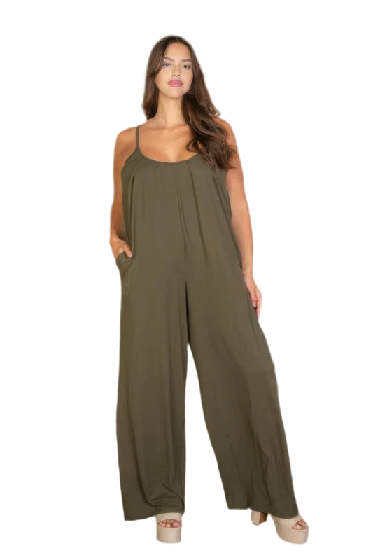 Plus Olive Wide Leg Jumpsuit - Relaxed Fit - minbolu -