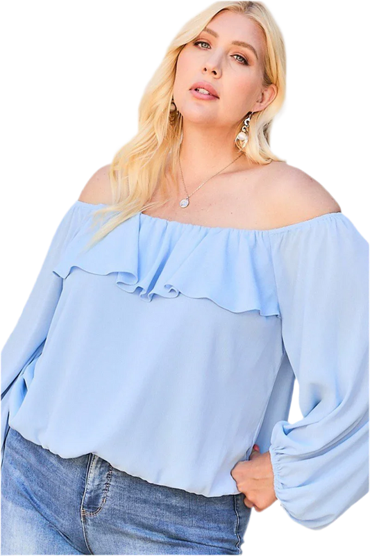Dusty Blue Off Shoulder Ruffle Top - minbolu -