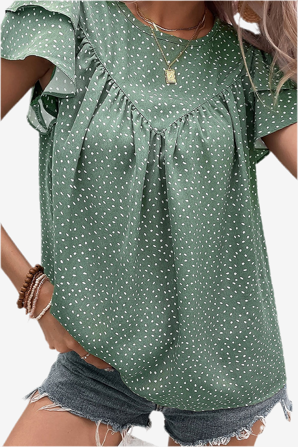 Printed Cap Sleeve Blouse with Button Close