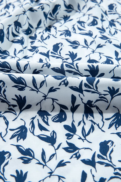 Blue Floral Print Lace Detail Puff Sleeve Shirt - minbolu -